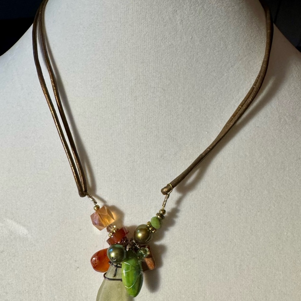Artisan Beaded Necklace with Green and Orange Accents